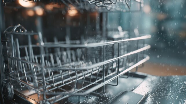 modern empty dishwasher interior, clean metal texture, soft ambient light, ultra detailed 8k photography