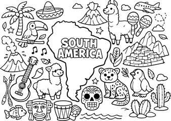 Fototapeta premium south america continent cartoon outline hand drawn Line Art illustration doodle art coloring page for kids