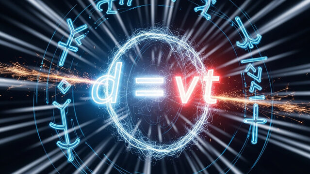 Mystic physics formula: glowing 'd=vt' equation surrounded by runes and light streaks on a dark backdrop