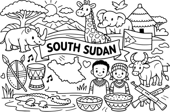 south sudan landmarks cartoon outline hand drawn Line Art illustration doodle art coloring page for kids