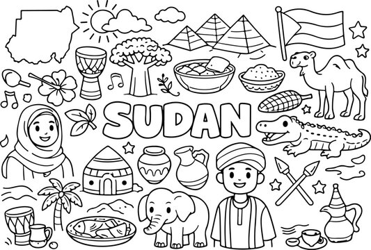 sudan landmarks cartoon outline hand drawn Line Art illustration doodle art coloring page for kids