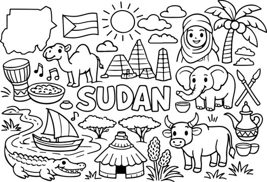 sudan landmarks cartoon outline hand drawn Line Art illustration doodle art coloring page for kids