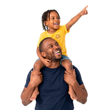 Joyful father carrying his son on shoulders pointing upwards with excitement and laughter PNG Isolated on transparent background