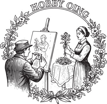 Engraving-style illustration of a painter and his muse within a