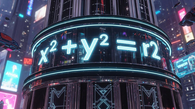 Futuristic skyser displaying the equation x?+y?=r? at night, a concept of mathematics in urban architecture
