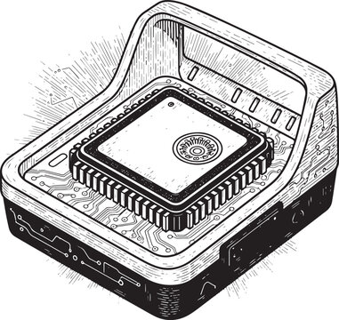 Hand-drawn illustration of futuristic tech device, circuit etchi