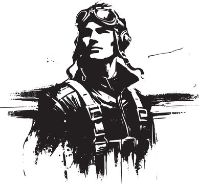 Monochromatic illustration of a pilot with goggles and harness i