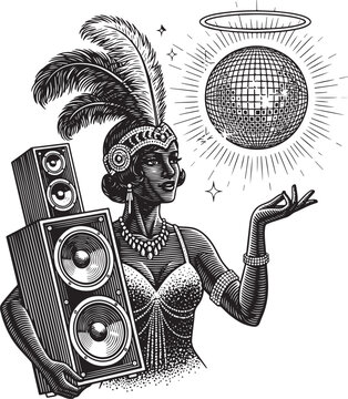 Engraved illustration of a flapper girl with a disco ball and sp