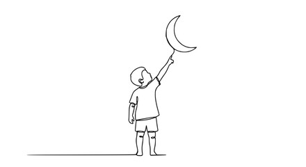 Child reaching for moon balloon, single line drawing, dream, imagination, childhood, aspiration © Untung