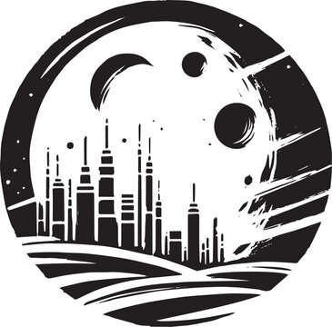 Monochromatic city skyline under celestial bodies in sumi-e brus