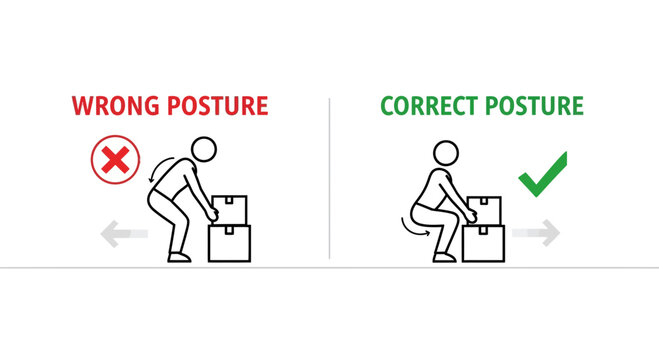 Illustration showing correct and incorrect posture for lifting heavy boxes safely.