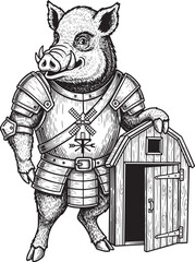 Obraz premium Engraved illustration of boar warrior in armor with barn, vintag