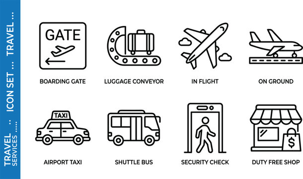 Airport travel services line icon set featuring boarding gate conveyor aircraft taxi shuttle bus and security check