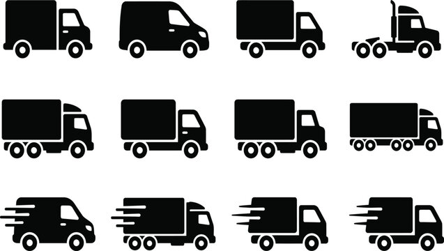 Comprehensive Set of Delivery Truck and Cargo Van Icons for Logistics, Shipping, and Transportation Services. Includes Various Vehicle Silhouettes for Web, Mobile Apps, and Fast Freight.