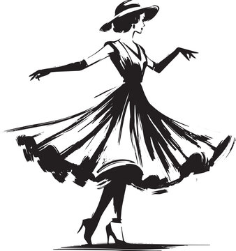 Vintage fashion illustration of a woman in a tea dress gracefull
