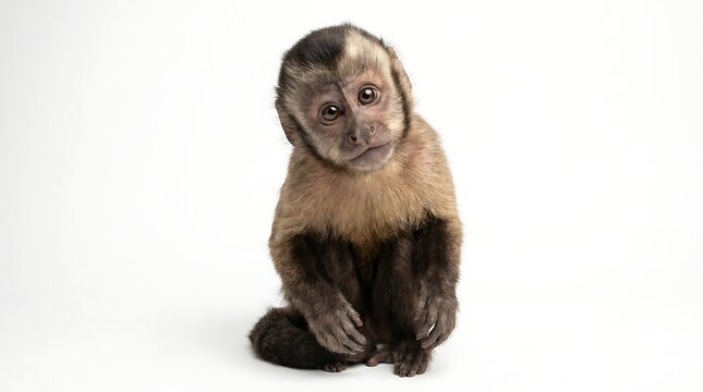 A cute baby capuchin monkey sitting against a plain white background.