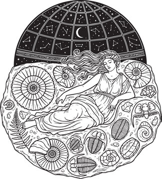 Celestial muse: Engraved art of a goddess among fossils and cons