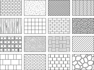 Fototapeta premium CAD hatch pattern library, seamless architectural material texture swatches with brick, concrete, wood, stone, tile and paving fills for floor plans, blueprint drafting and technical drawings