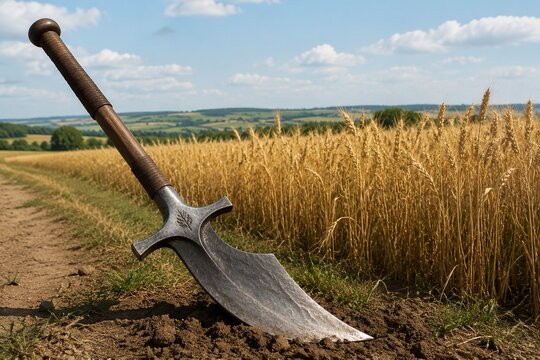 Sword transformed into a plowshare placed before a field of wheat, symbolic change.