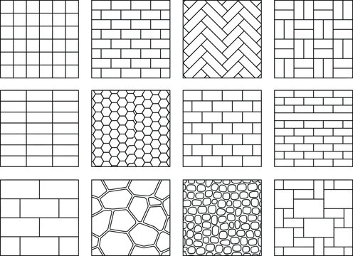 CAD hatch pattern set, architectural material fill library with seamless brick, tile, wood, stone, paving and gravel textures for floor plans, blueprint drafting and technical drawings
