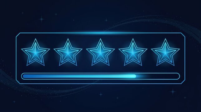 Digital Five Star Rating System Display with Glowing Blue Stars and Progress Bar on Dark Starry Background