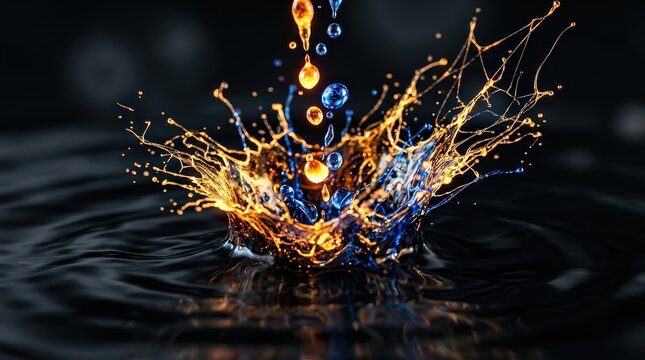 Dynamic Collision of Molten Gold and Blue Liquid Splashes Amidst Dark Water