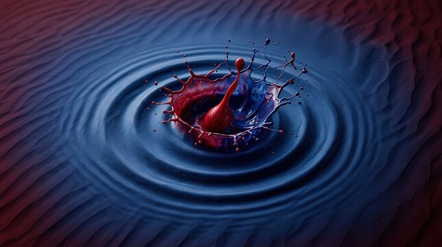 Dynamic Splash of Red and Blue Liquids Frozen in Motion, Rippling Water Surface, Abstract Macro Photography