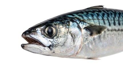 Obraz premium Close up profile view of a fresh Atlantic mackerel fish isolated on white background.