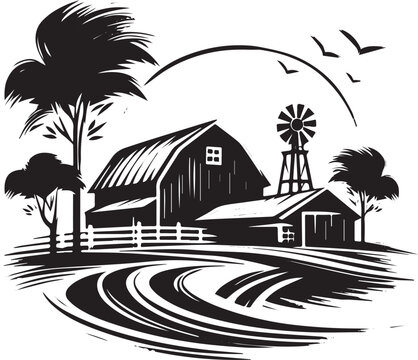 Rural landscape silhouette featuring a farm, windmill, and minim