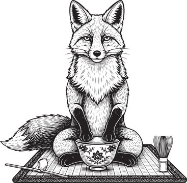 Fox Engaging in Traditional Japanese Tea Ceremony, Etching Style