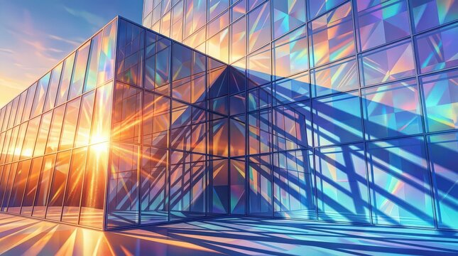 Golden Dawn Rays Illuminate Modern Glass Building Facade with Rainbow Refractions, Creating a Vibrant Urban Landscape