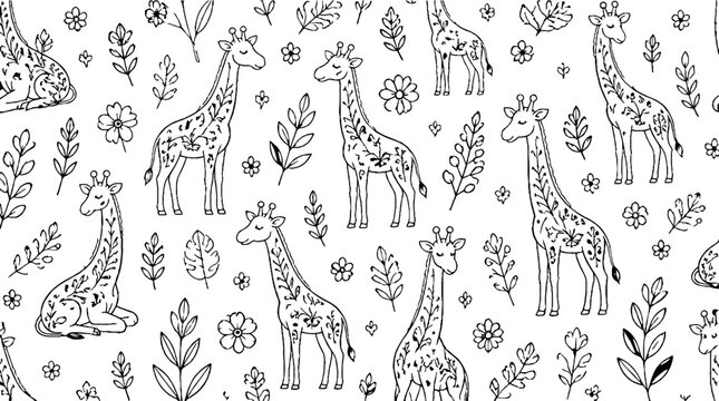 Elegant giraffe pattern with floral and leaf motifs.