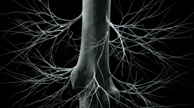 Intricate Network of Delicate White Branches Emerging from a Textured Gray Bone Structure Against a Dark Background