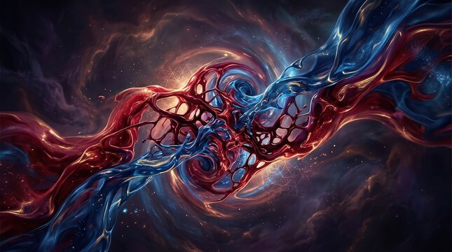Intertwining Crimson and Sapphire Fluids in Cosmic Nebula, Dynamic Abstract Formation