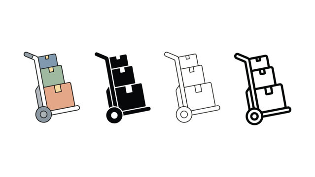 Four different colored hand trucks with boxes on them side by side