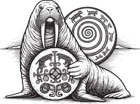 Engraved walrus illustration with detailed folk art circles desi