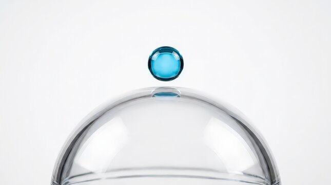 Macro View of a Floating Blue Droplet Above a Clear Dome, Showcasing Transparency and Purity