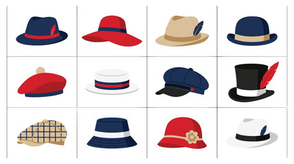 Collection of various stylish hats for men and women colorful fashion accessories set art. © jubayer95