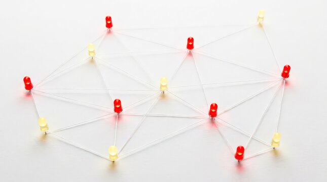 Network of illuminated LEDs connected by threads, conceptual representation of data flow and digital connections