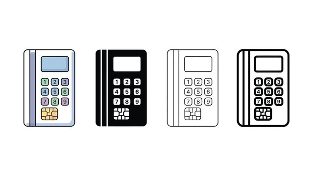 Four different payment terminal card reader machine designs on white background
