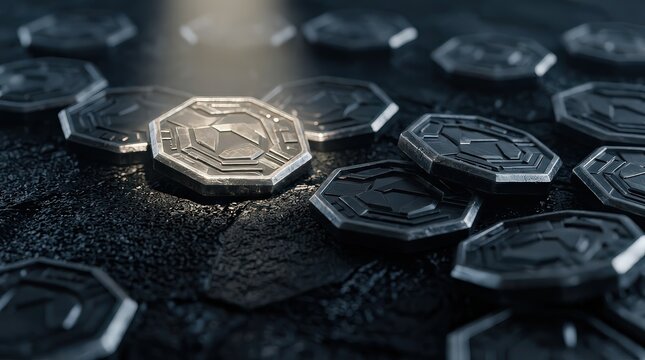 SciFi Hexagonal Tokens Scattered on Dark Textured Surface, Illuminated by Dramatic Light