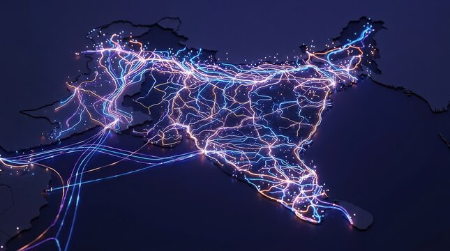 Vibrant Digital Network Illuminates Indias Geography, Showcasing Connectivity and Data Flow