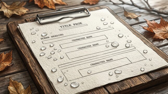 Screenplay Title Page Layout With Water Droplets and Autumn Leaves on Wooden Table