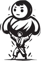 Obraz premium Monochrome sumi-e illustration of a man lifting a giant mascot f