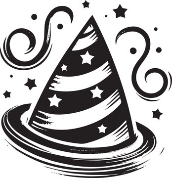 Festive Celebration Hat Sumi-e Illustration with Stars and Spira
