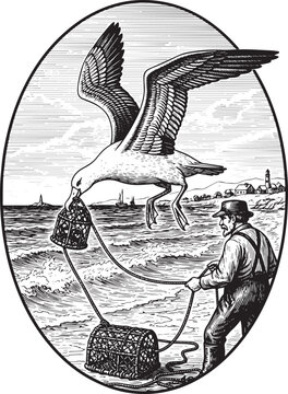 Vintage illustration of a fisherman and albatross retrieving lob