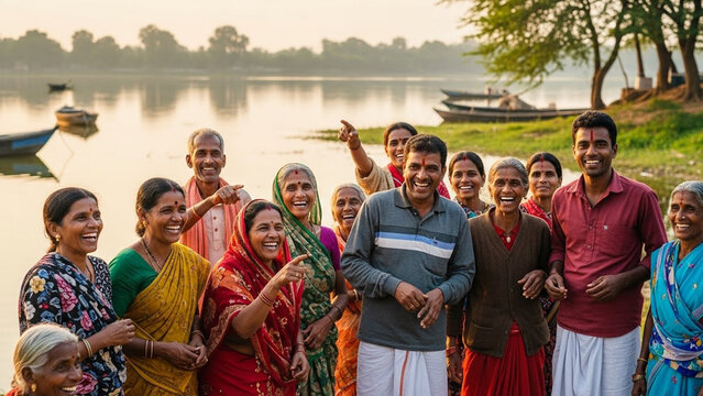 Joyful indian villagers gathered by tranquil lake, laughing and pointing, showcasing viintimate apparelnt traditional clothing and warm community spirit, landscape background.