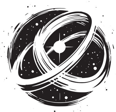 Stylized celestial body with orbital streams, sumi-e art for ast