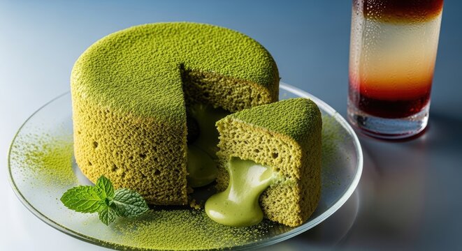 Green tea lava cake with creamy molten center served on plate with mint leaves and layered drink, showcasing rich texture and elegant dessert presentation