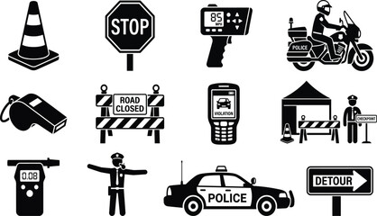 Comprehensive Traffic Police and Road Safety Icon Set Featuring Police Car, Motorcycle, Radar Gun, Stop Sign, Breathalyzer, Road Closed Barrier, and Law Enforcement Symbols for Safety. © Masum